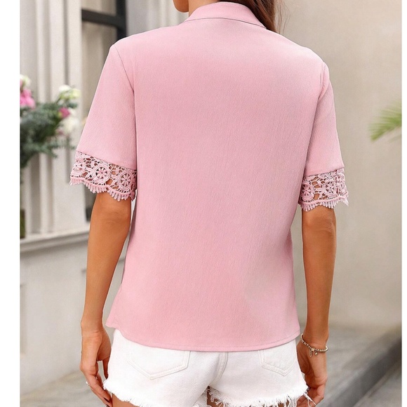 Boho Floral Lace Button Down Short Sleeve Top - Picture 4 of 4